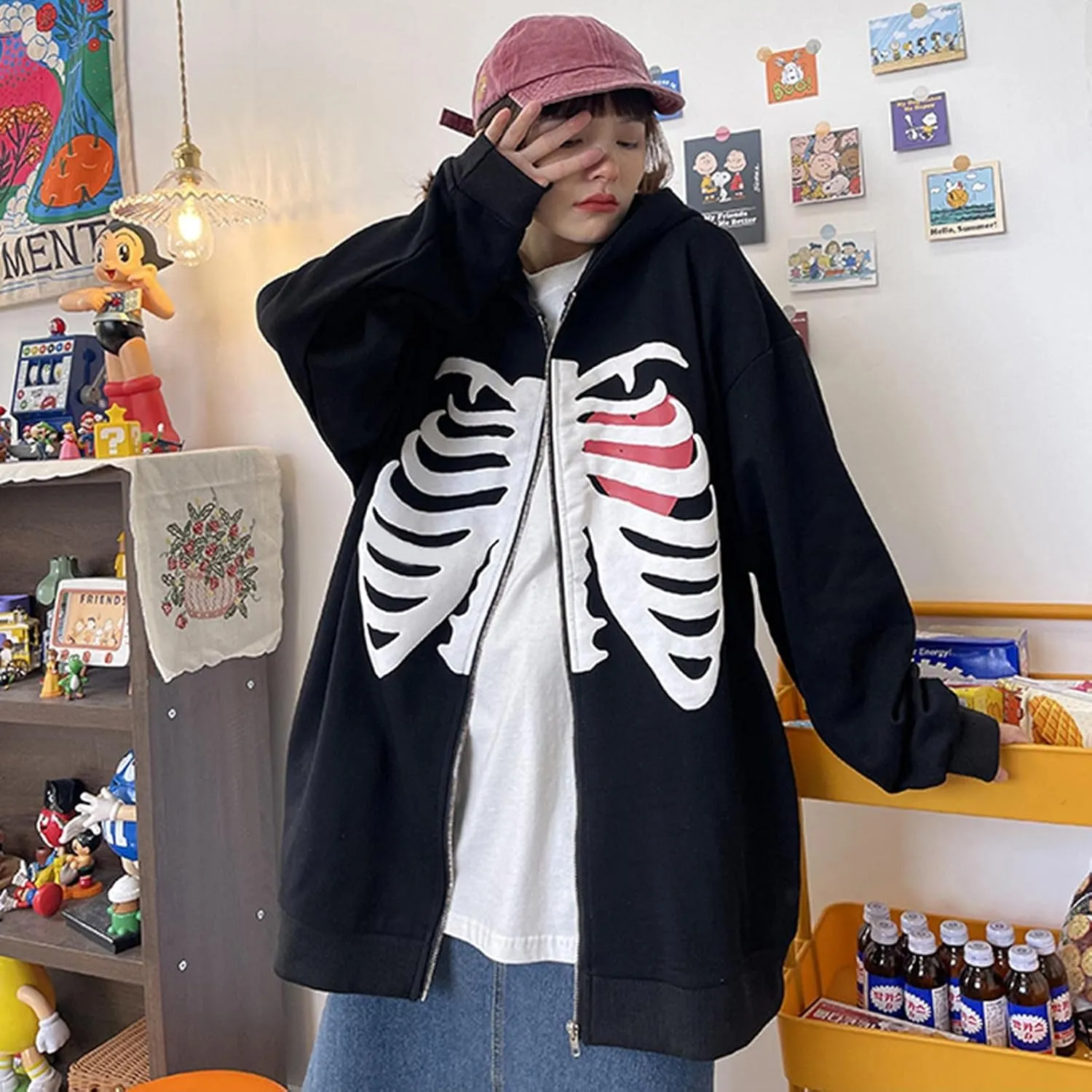Luckinbaby Women Oversized Zip Up Hoodie Sweatshirt Long Sleeve Y2k Graphic Jacket Skeleton Ribcage Sweatshirts