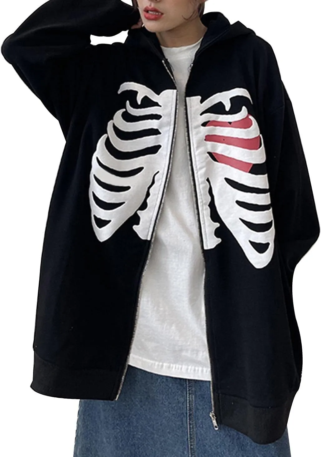 Luckinbaby Women Oversized Zip Up Hoodie Sweatshirt Long Sleeve Y2k Graphic Jacket Skeleton Ribcage Sweatshirts