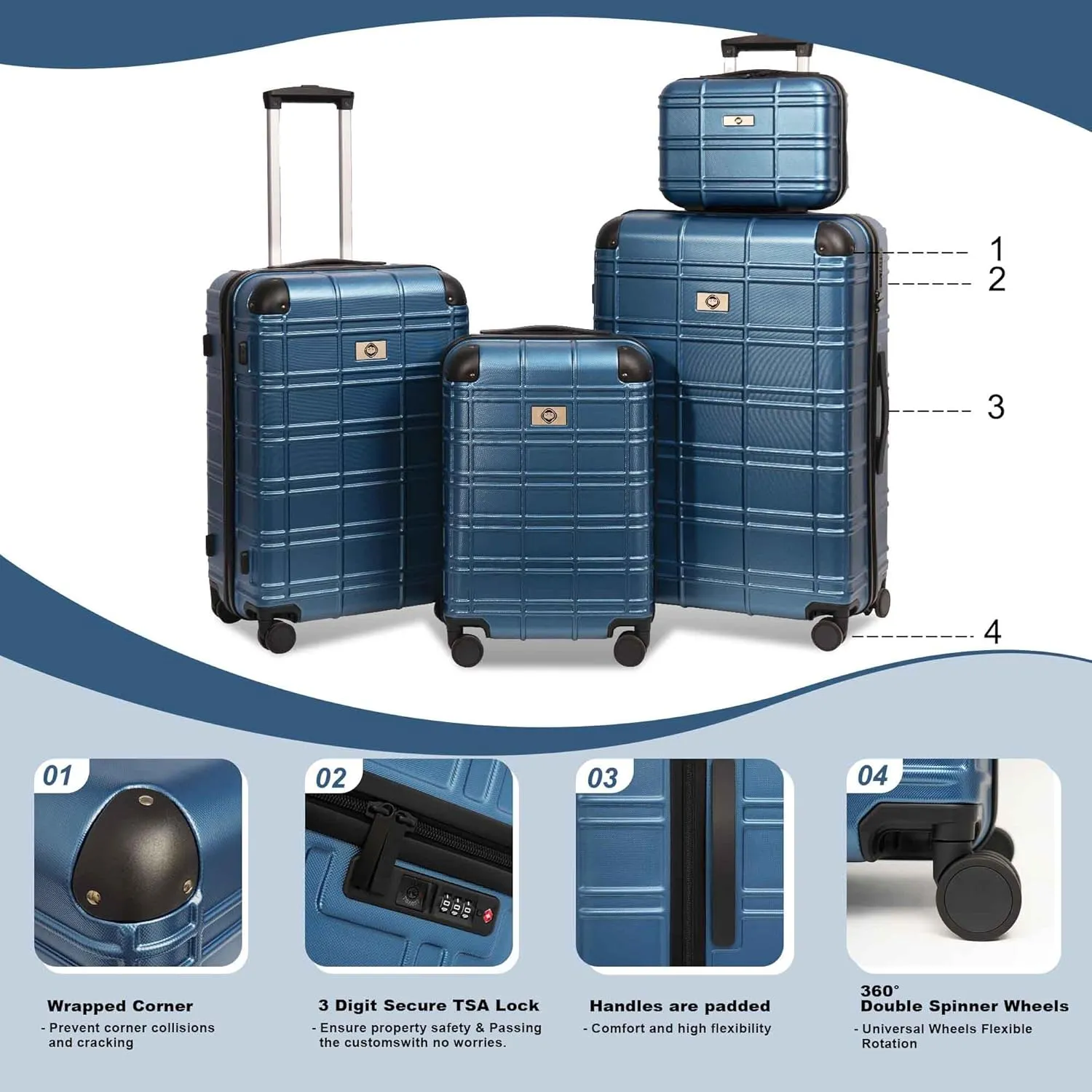 Luggage Set, 4pcs Luggage Sets, Hardside Expandable Suitcase with TSA Lock, Travel Luggage Set with Spinner Wheels, Lightweight Carry on Luggage, 12in/20in/24in/28in (Blue)