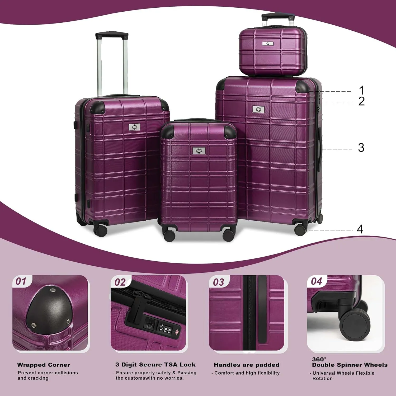 Luggage Set, 4pcs Luggage Sets, Hardside Expandable Suitcase with TSA Lock, Travel Luggage Set with Spinner Wheels, Lightweight Carry on Luggage, 12in/20in/24in/28in (Purple)