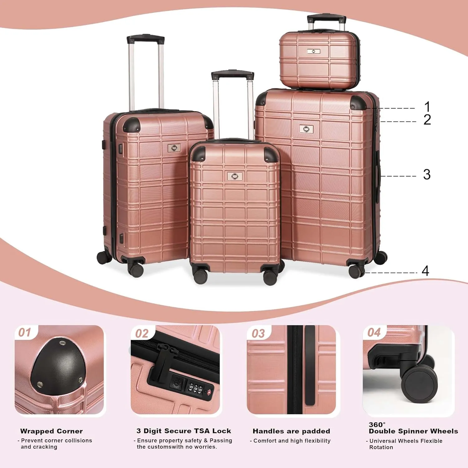 Luggage Set, 4pcs Luggage Sets, Hardside Expandable Suitcase with TSA Lock, Travel Luggage Set with Spinner Wheels, Lightweight Carry on Luggage, 12in/20in/24in/28in (Rose Gold)