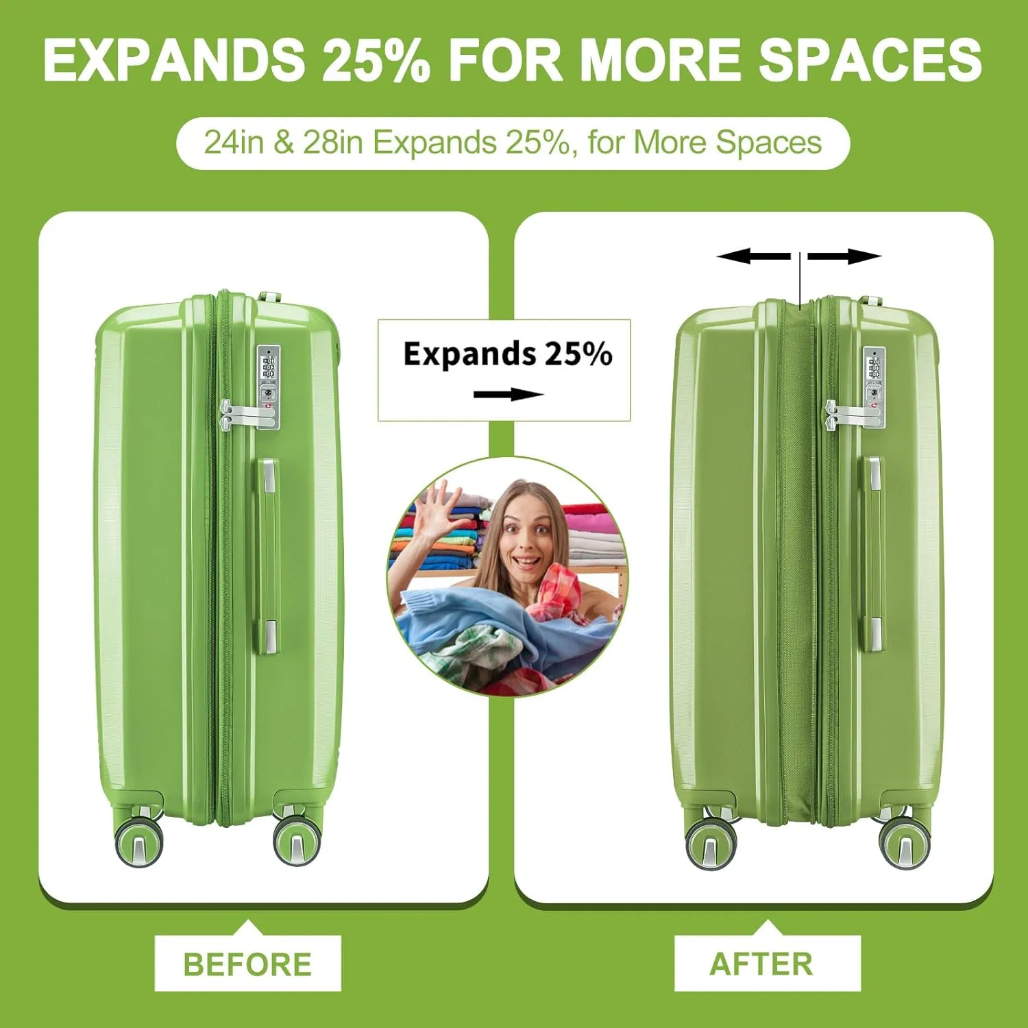 Luggage Sets 4 Piece, Expandable Carry On Luggage Set Hardshell PP,Checked Durable Lightweight with TSA Lock,Suitcase Set with Double Spinner Wheels (Fruit green)