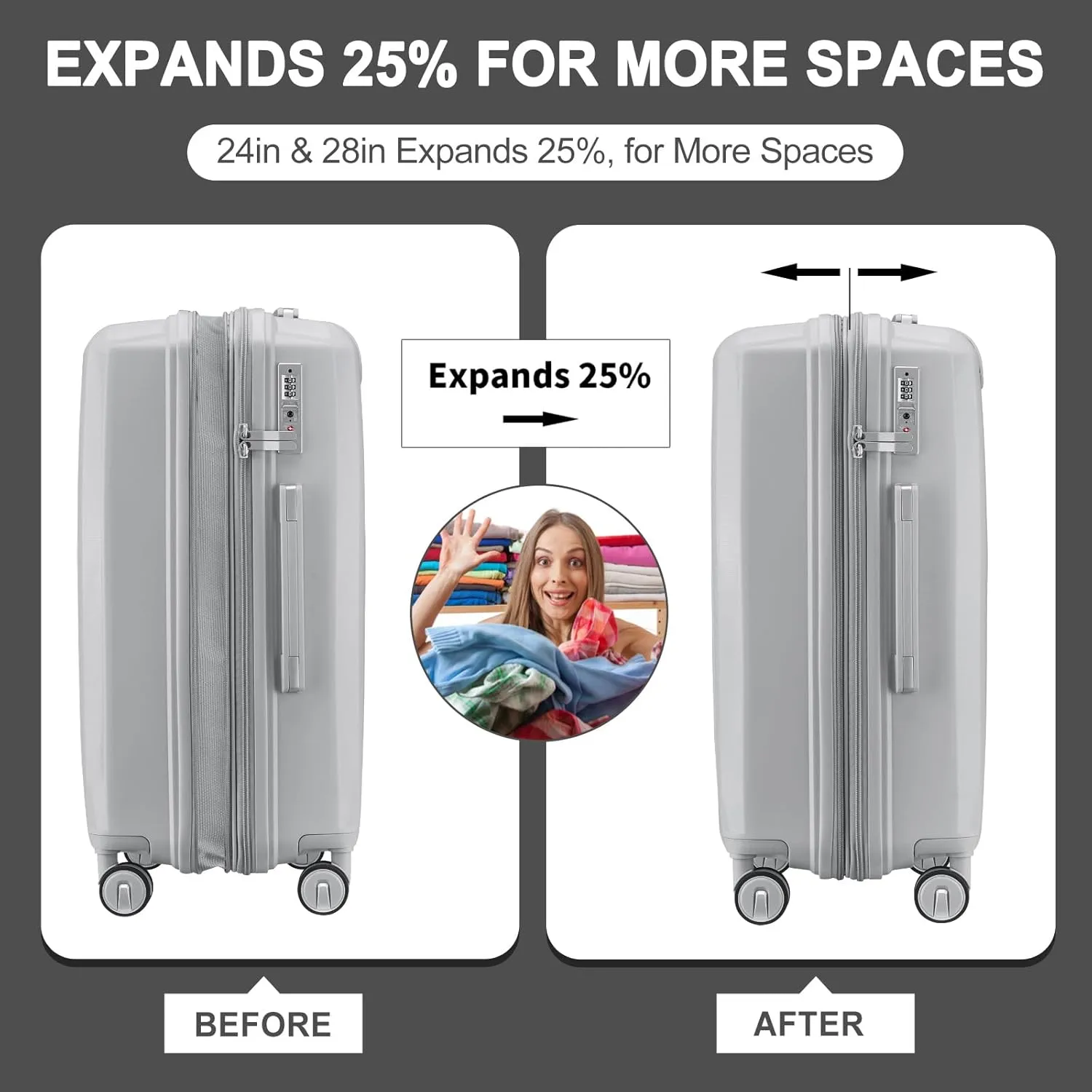 Luggage Sets 4 Piece, Expandable Carry On Luggage Set Hardshell PP,Checked Durable Lightweight with TSA Lock,Suitcase Set with Double Spinner Wheels (Gray)