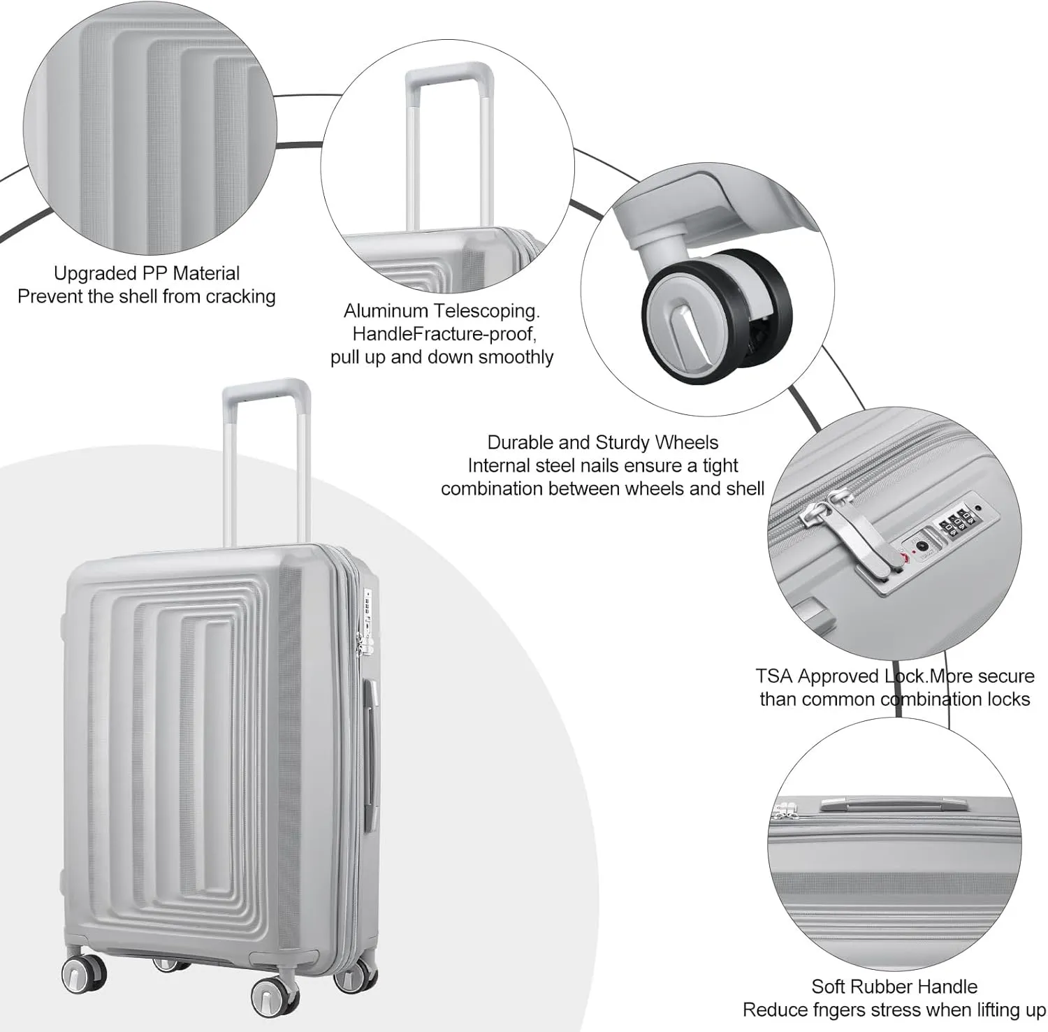 Luggage Sets 4 Piece, Expandable Carry On Luggage Set Hardshell PP,Checked Durable Lightweight with TSA Lock,Suitcase Set with Double Spinner Wheels (Gray)