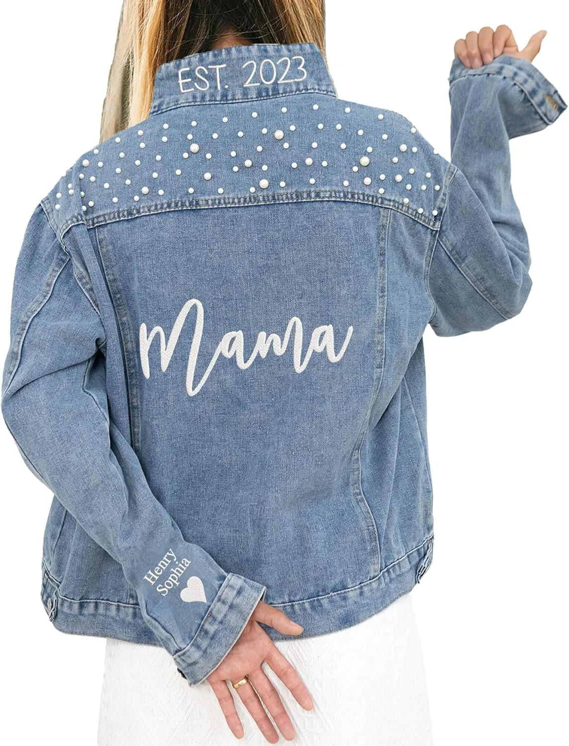 LULLBABYMALL Custom Mama Denim Jacket With Pearls, Embroidered Jacket For, Mama EST Denim Jacket Pearls, Custom Kids Names On Sleeve, Embroidered Denim Jacket