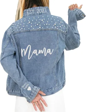 LULLBABYMALL Custom Mama Denim Jacket With Pearls, Embroidered Jacket For, Mama EST Denim Jacket Pearls, Custom Kids Names On Sleeve, Embroidered Denim Jacket