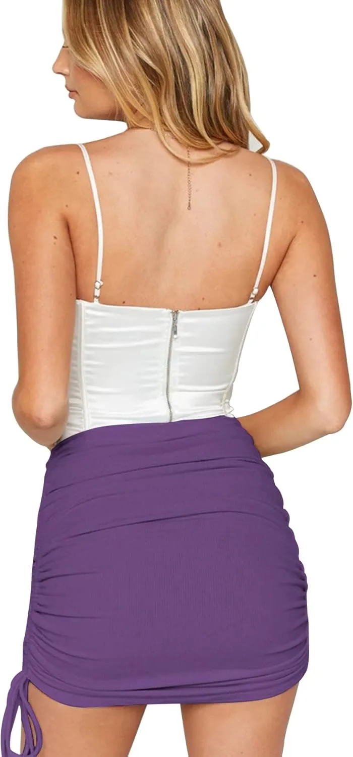 LYANER Women's Ribbed Side Drawstring Ruched Stretchy Mini Pencil Bodycon Short Skirt