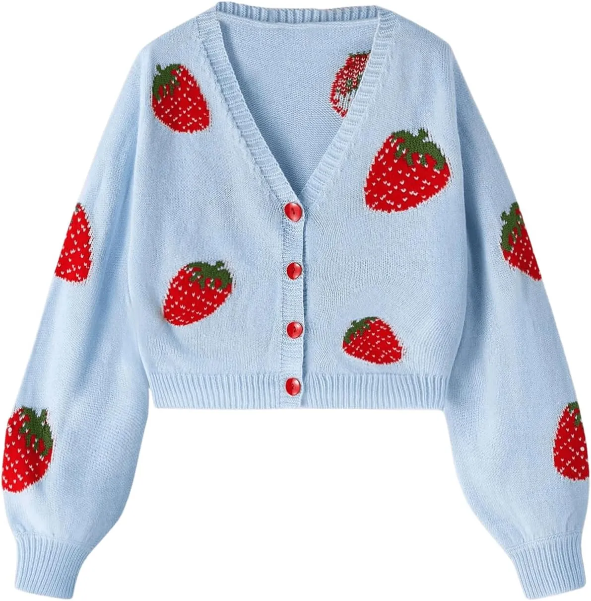 MakeMeChic Girl's Strawberry Print V Neck Button Down Cardigan Sweater Long Sleeve Cute Tops
