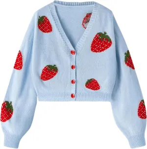 MakeMeChic Girl's Strawberry Print V Neck Button Down Cardigan Sweater Long Sleeve Cute Tops