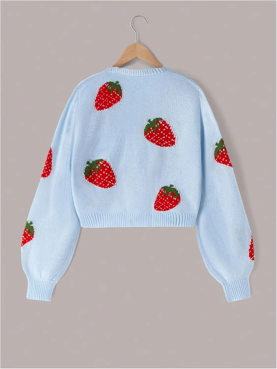 MakeMeChic Girl's Strawberry Print V Neck Button Down Cardigan Sweater Long Sleeve Cute Tops