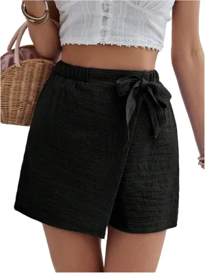 MakeMeChic Women's Bow Knot Skorts Wrap Front Wide Leg High Waisted Summer Shorts
