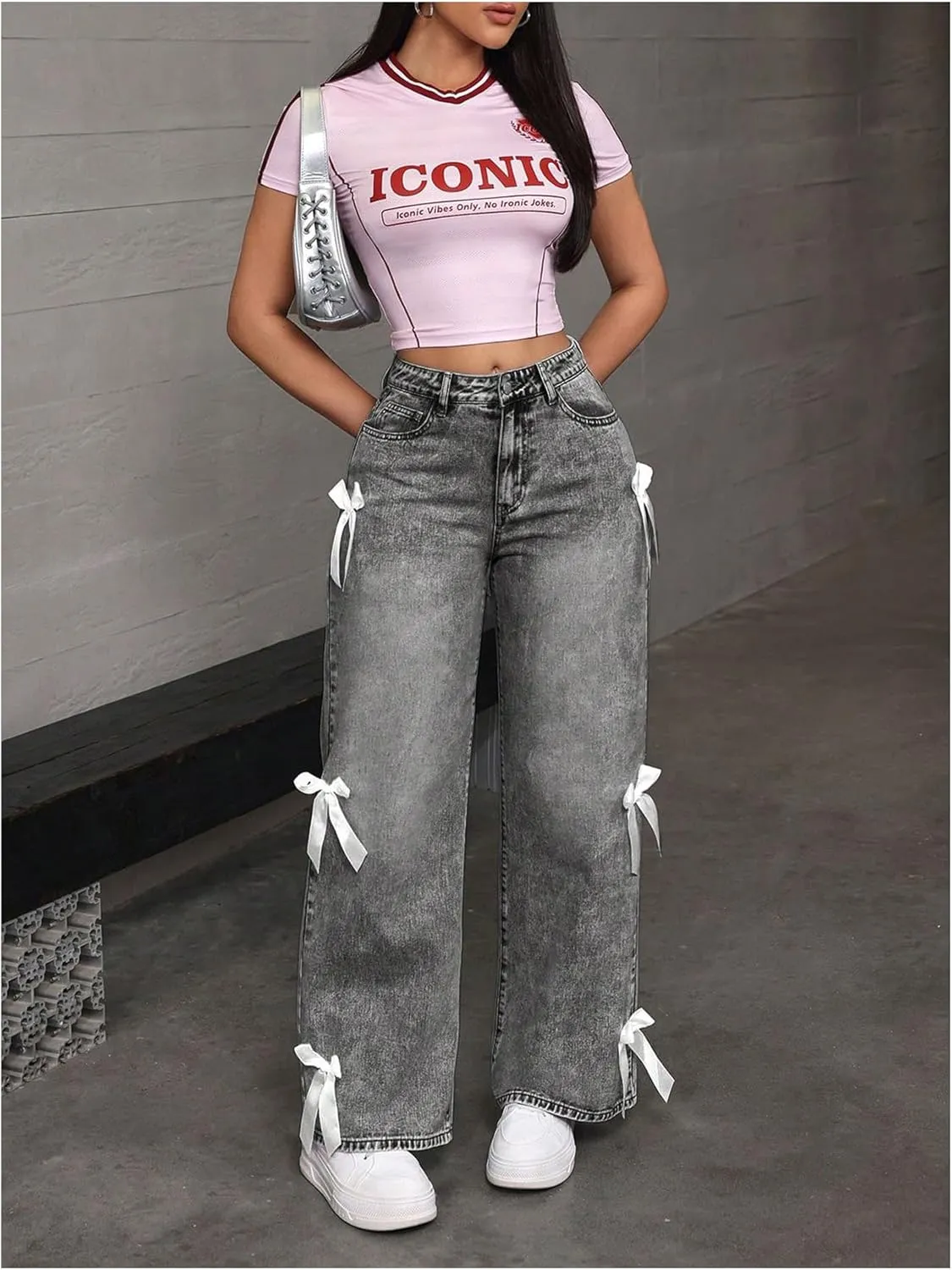 MakeMeChic Women's Bow Knot Zip Up Denim Pants Loose Fit Button Front Straight Leg Jeans