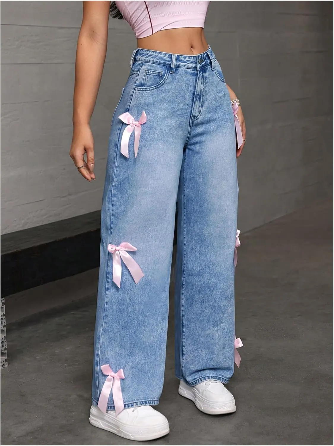 MakeMeChic Women's Bow Knot Zip Up Denim Pants Loose Fit Button Front Straight Leg Jeans