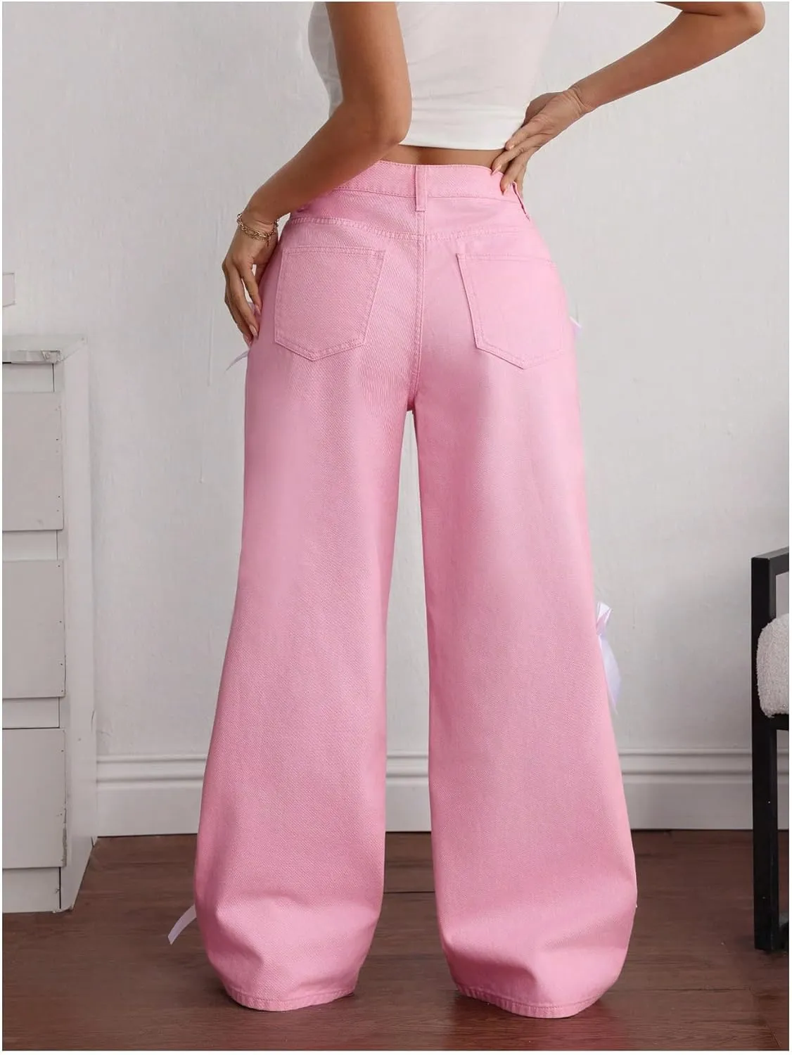 MakeMeChic Women's Bow Knot Zip Up Denim Pants Loose Fit Button Front Straight Leg Jeans