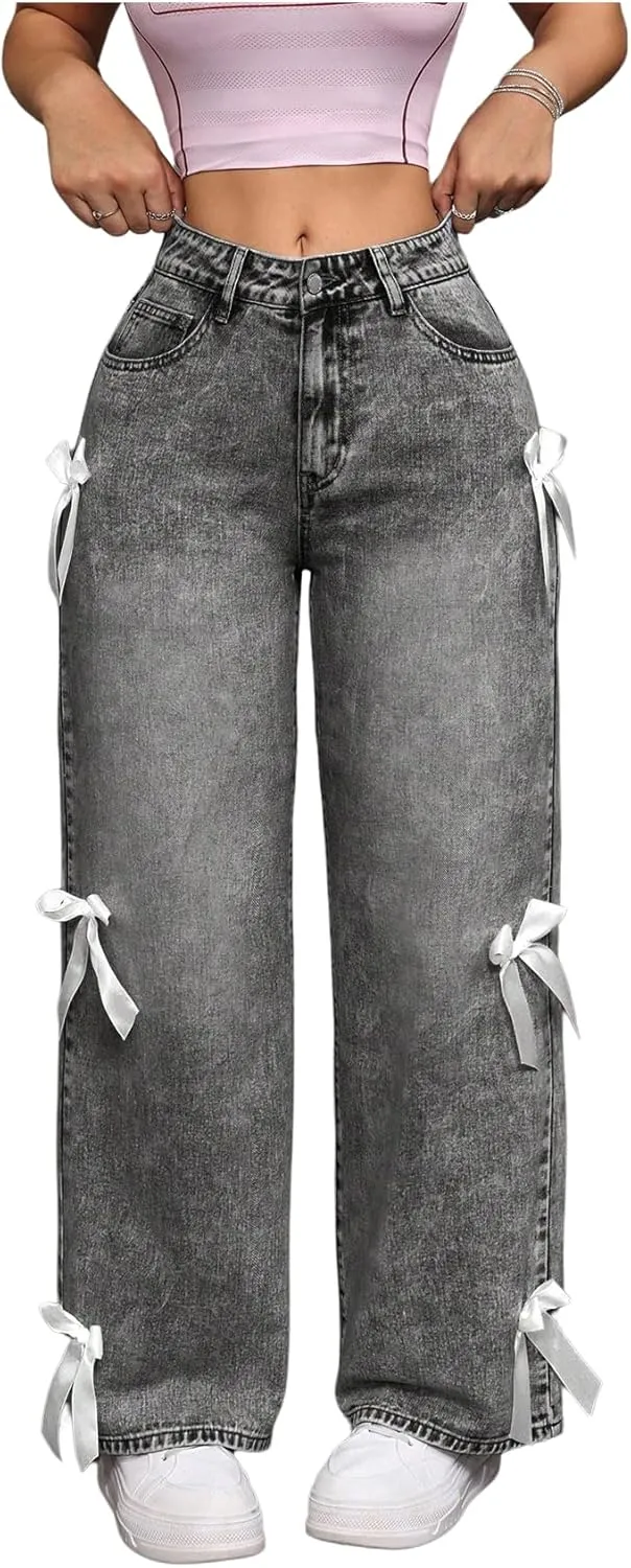 MakeMeChic Women's Bow Knot Zip Up Denim Pants Loose Fit Button Front Straight Leg Jeans