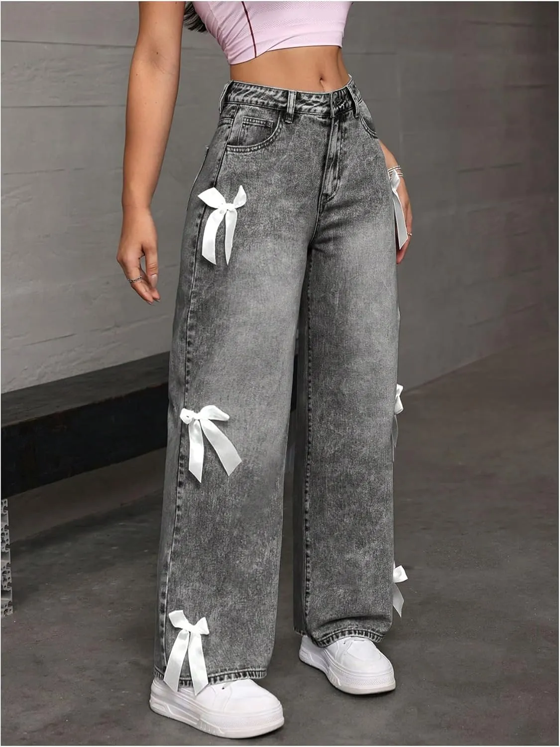 MakeMeChic Women's Bow Knot Zip Up Denim Pants Loose Fit Button Front Straight Leg Jeans