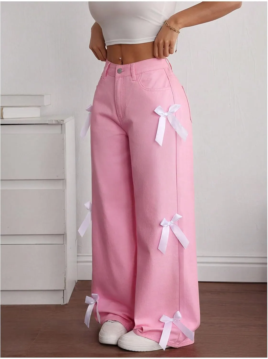 MakeMeChic Women's Bow Knot Zip Up Denim Pants Loose Fit Button Front Straight Leg Jeans