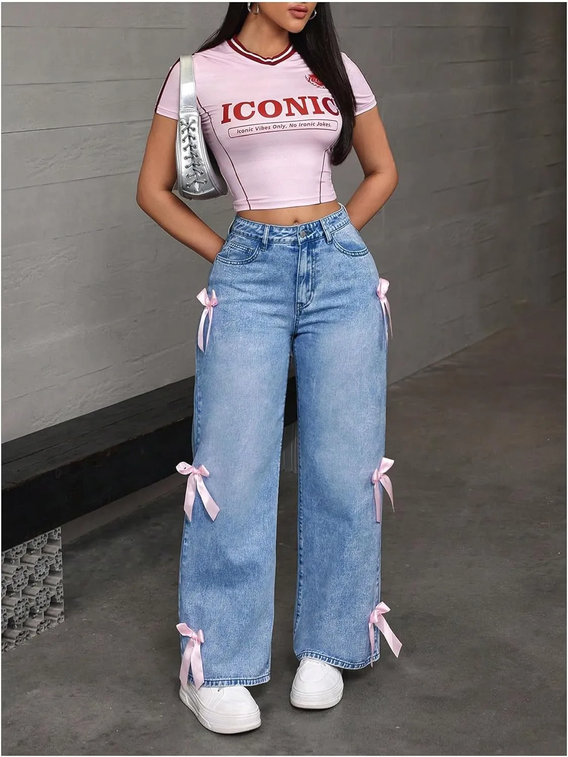 MakeMeChic Women's Bow Knot Zip Up Denim Pants Loose Fit Button Front Straight Leg Jeans