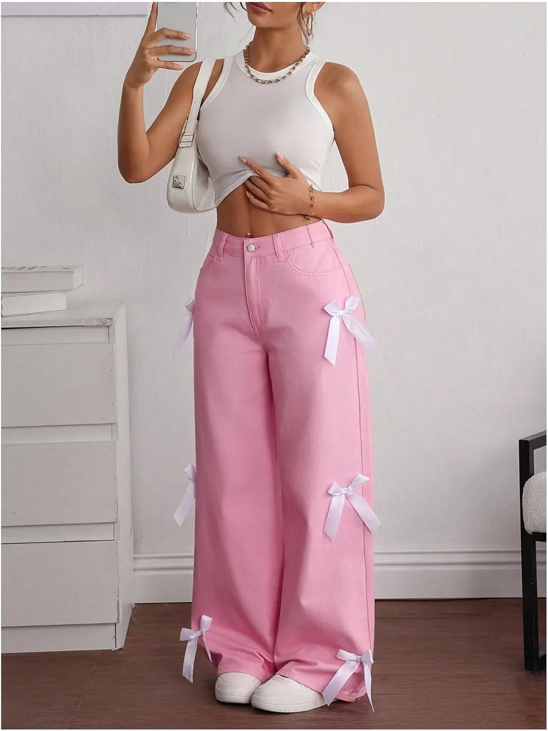 MakeMeChic Women's Bow Knot Zip Up Denim Pants Loose Fit Button Front Straight Leg Jeans
