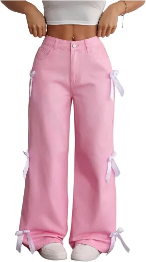 MakeMeChic Women's Bow Knot Zip Up Denim Pants Loose Fit Button Front Straight Leg Jeans