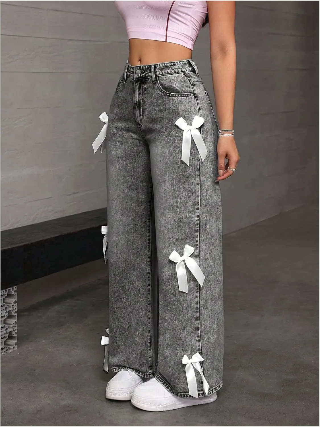 MakeMeChic Women's Bow Knot Zip Up Denim Pants Loose Fit Button Front Straight Leg Jeans