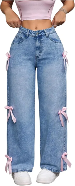 MakeMeChic Women's Bow Knot Zip Up Denim Pants Loose Fit Button Front Straight Leg Jeans
