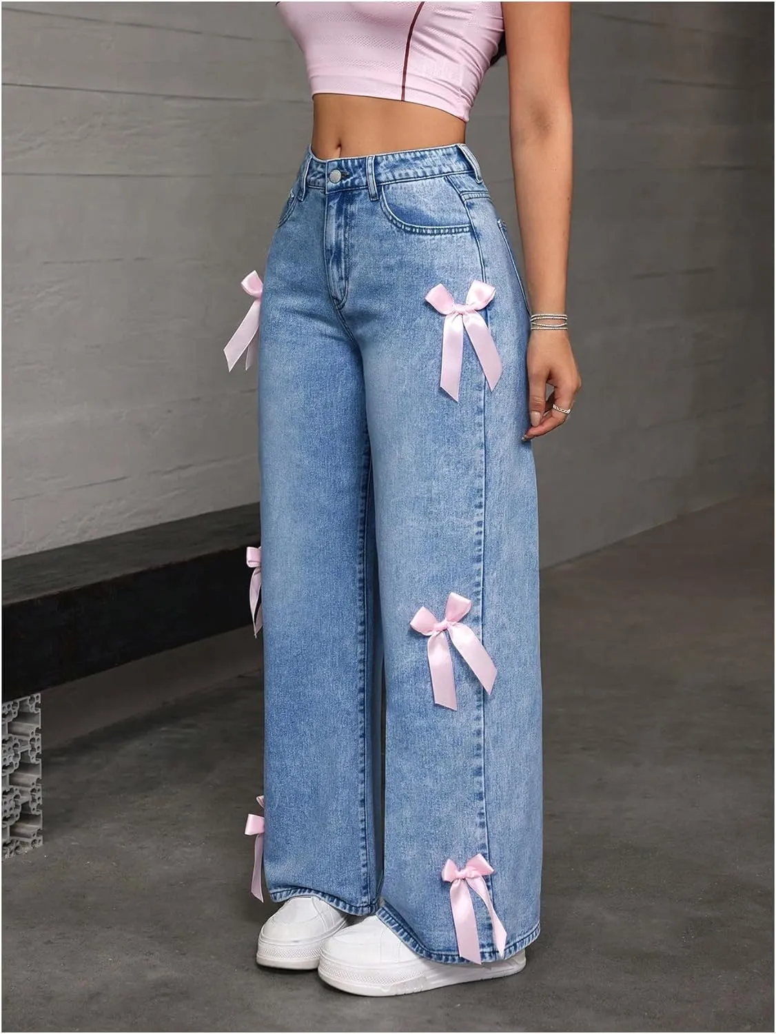 MakeMeChic Women's Bow Knot Zip Up Denim Pants Loose Fit Button Front Straight Leg Jeans
