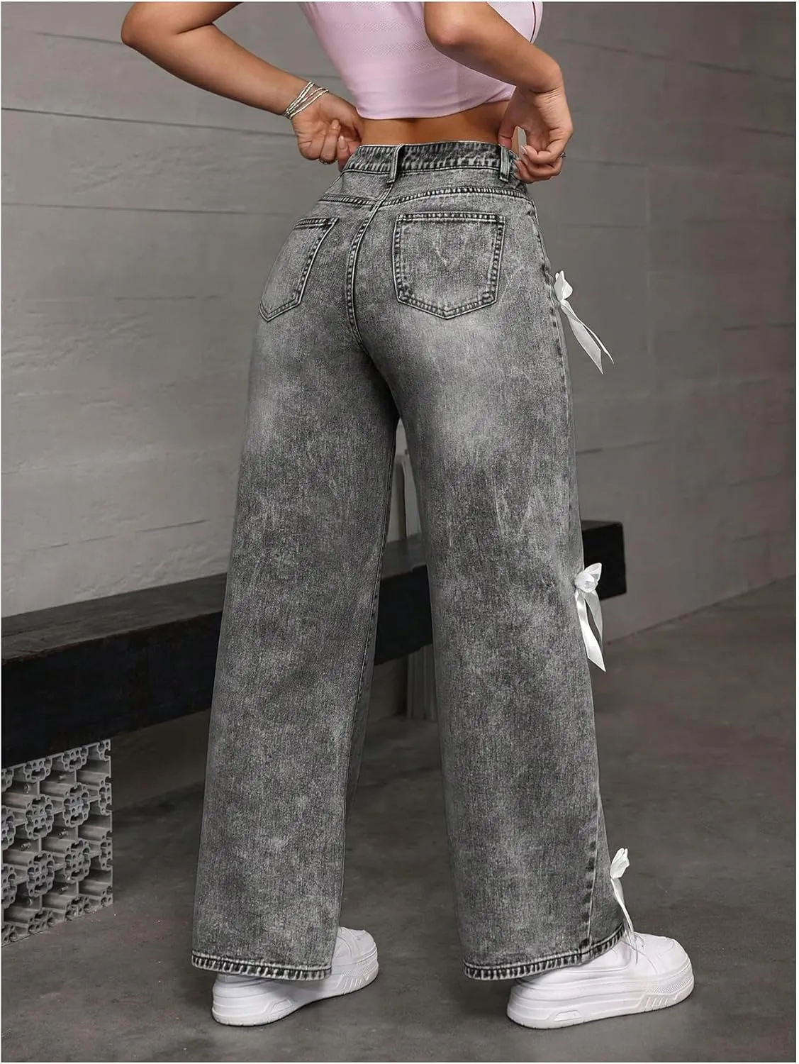 MakeMeChic Women's Bow Knot Zip Up Denim Pants Loose Fit Button Front Straight Leg Jeans