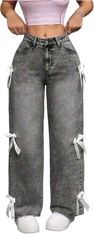 MakeMeChic Women's Bow Knot Zip Up Denim Pants Loose Fit Button Front Straight Leg Jeans