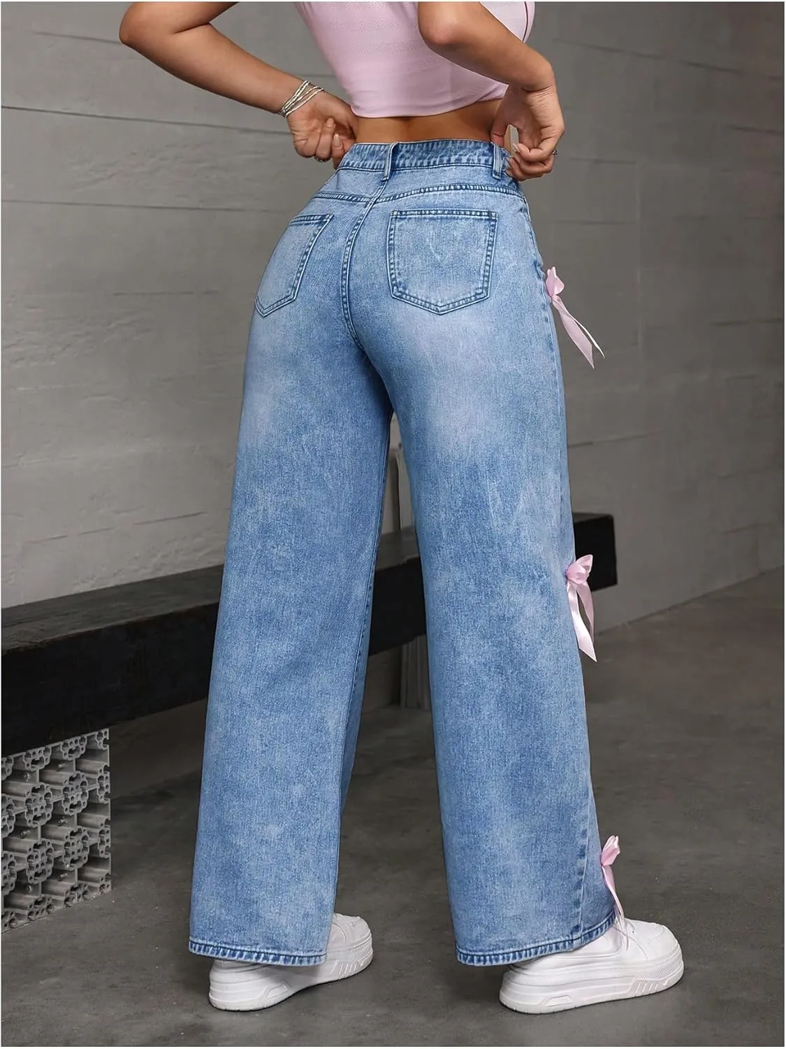 MakeMeChic Women's Bow Knot Zip Up Denim Pants Loose Fit Button Front Straight Leg Jeans