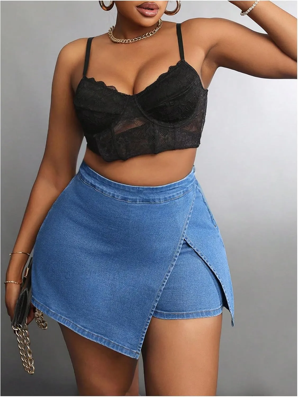 MakeMeChic Women's Plus Size Asymmetrical Denim Skort Split Hem Warp Jean Shorts