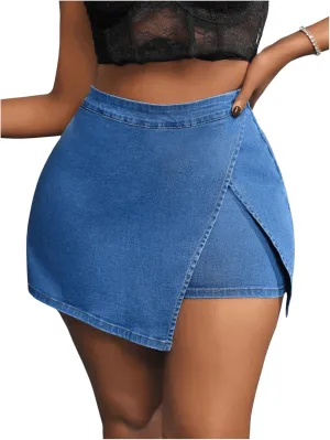 MakeMeChic Women's Plus Size Asymmetrical Denim Skort Split Hem Warp Jean Shorts