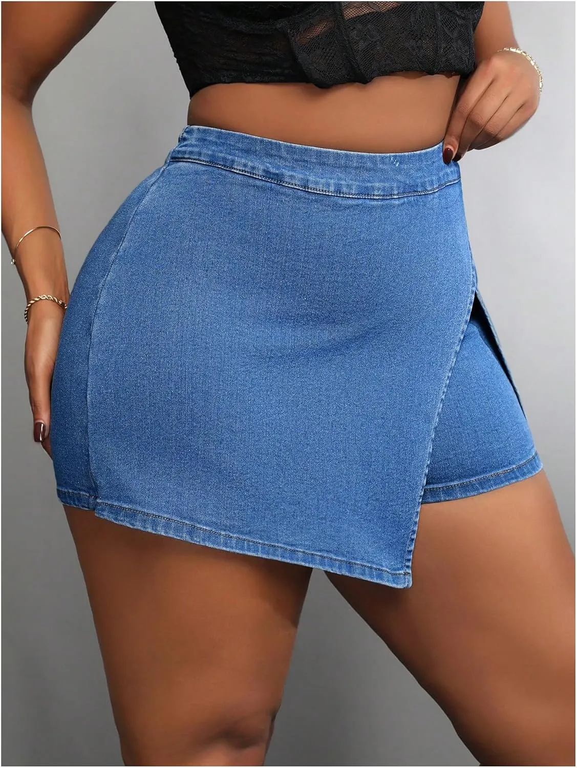MakeMeChic Women's Plus Size Asymmetrical Denim Skort Split Hem Warp Jean Shorts