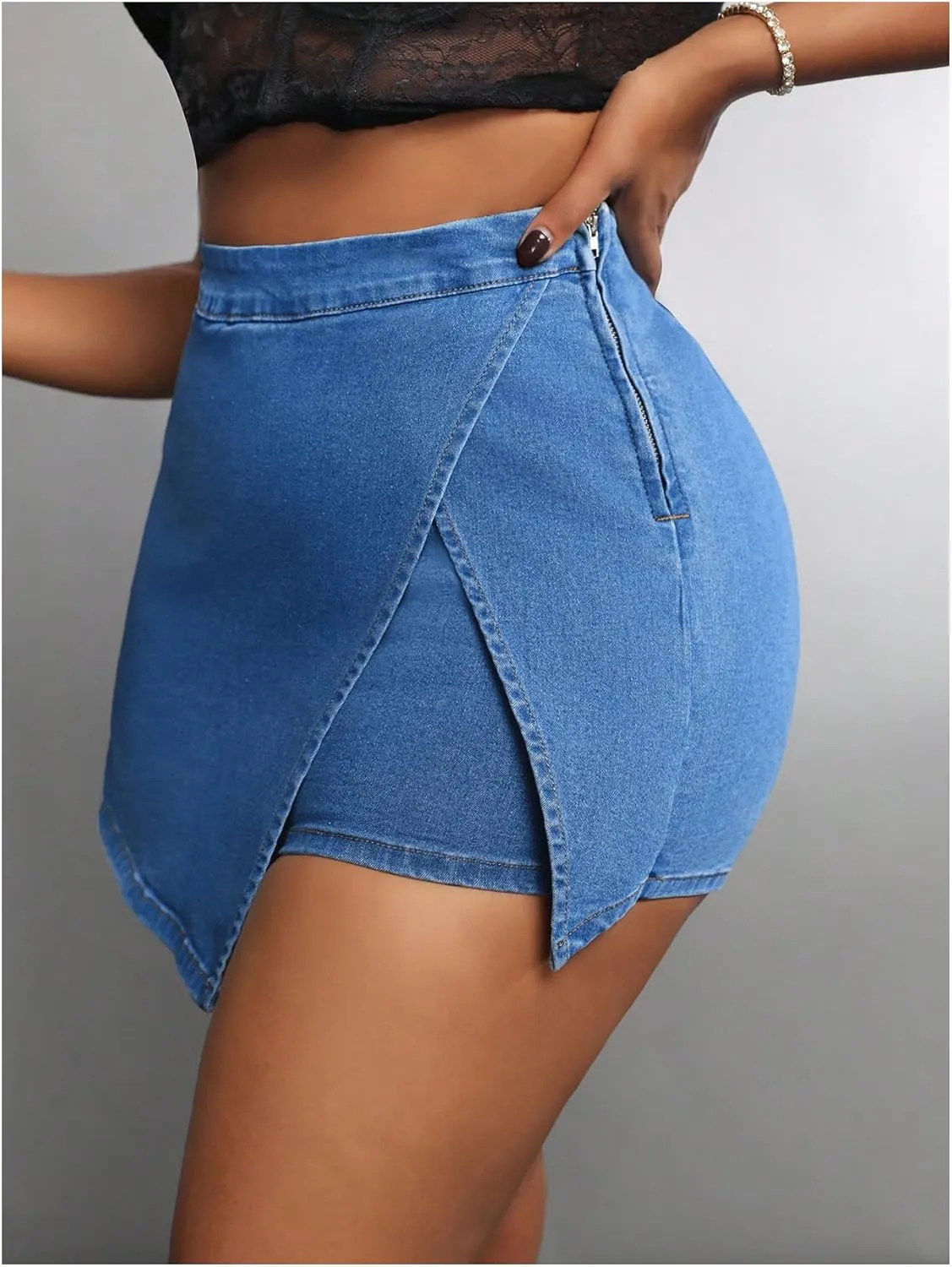 MakeMeChic Women's Plus Size Asymmetrical Denim Skort Split Hem Warp Jean Shorts
