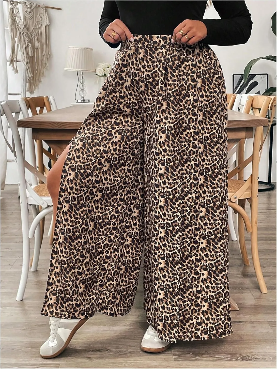 MakeMeChic Women's Plus Size Leopard Print Pants Split Thigh Wide Leg Y2K High Waist Trousers
