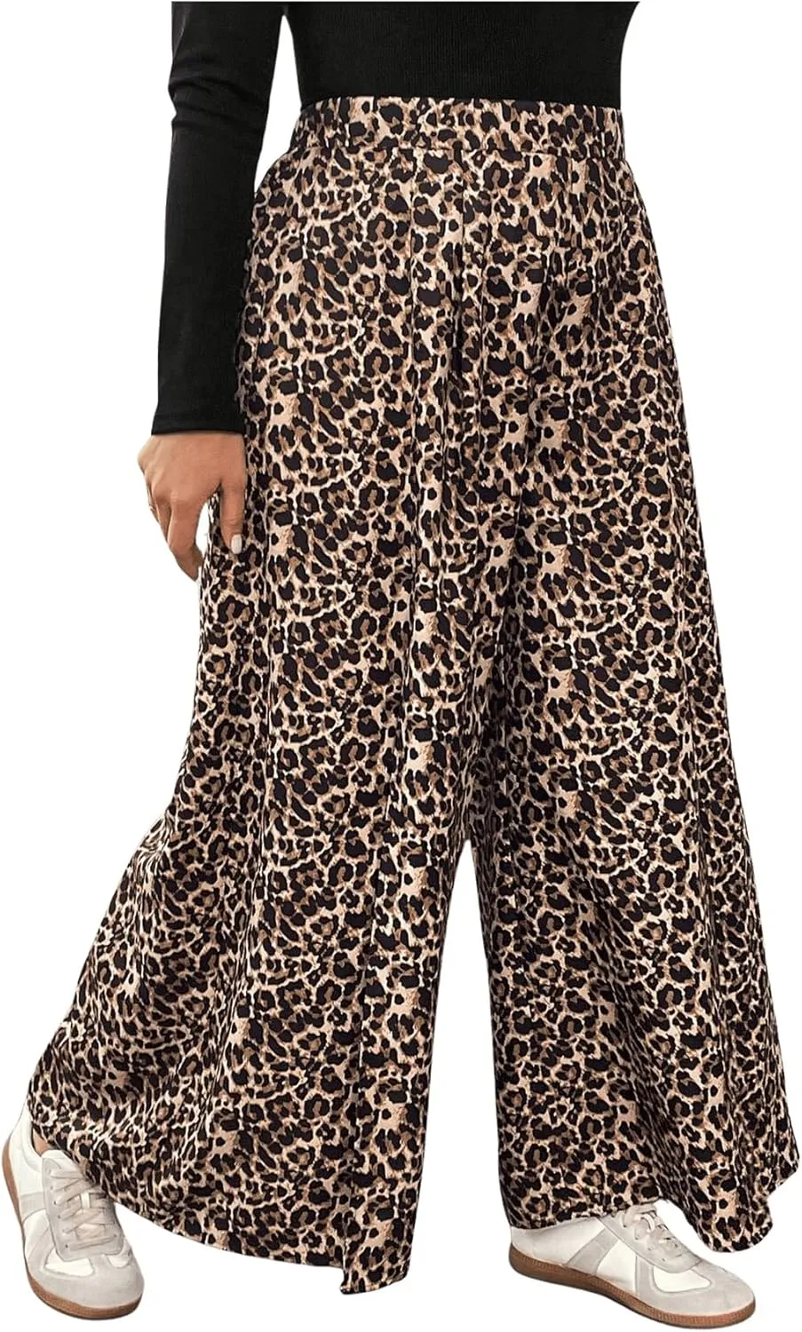 MakeMeChic Women's Plus Size Leopard Print Pants Split Thigh Wide Leg Y2K High Waist Trousers