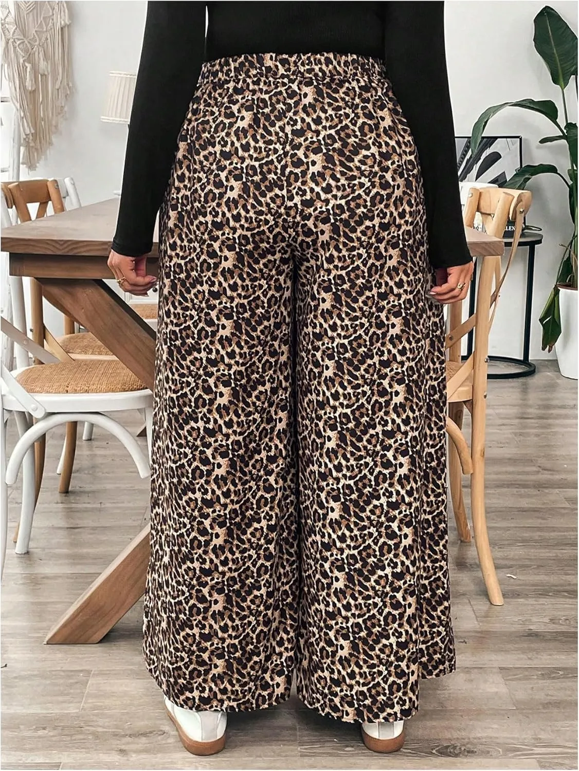 MakeMeChic Women's Plus Size Leopard Print Pants Split Thigh Wide Leg Y2K High Waist Trousers