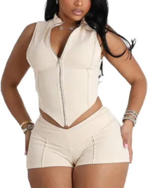 Mandonce Shorts Sets Women 2 Piece Outfits Sleeveless Round Neck Zip Up Skinny Crop Top and Bodycon Shorts Clubwear Trendy