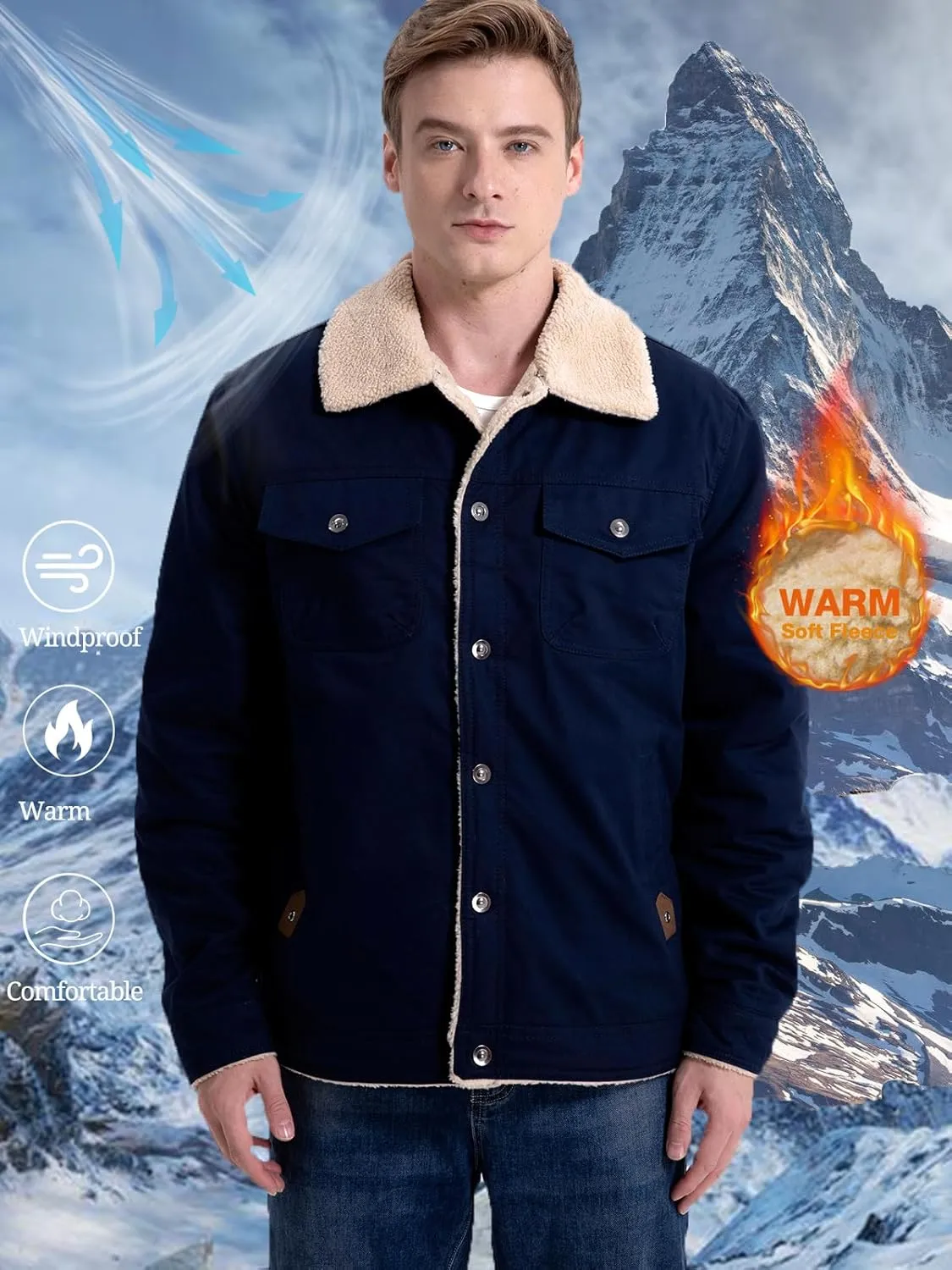 MANSDOUR Men's Winter Cargo Jacket Warm Cotton Fleece lined Sherpa Jackets Military Trucker Work Coat