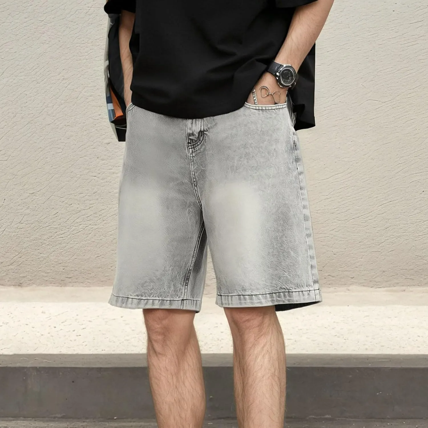 Men Loose Fit Denim Shorts Baggy Casual Summer Wide Leg Mid Jean Jorts Hip Hop Shorts Streetwear with Pockets