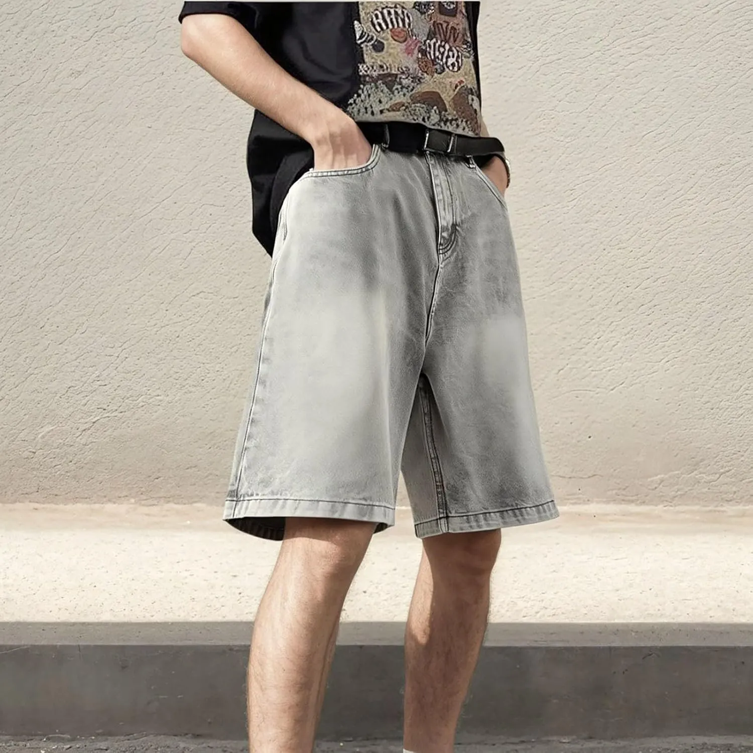 Men Loose Fit Denim Shorts Baggy Casual Summer Wide Leg Mid Jean Jorts Hip Hop Shorts Streetwear with Pockets