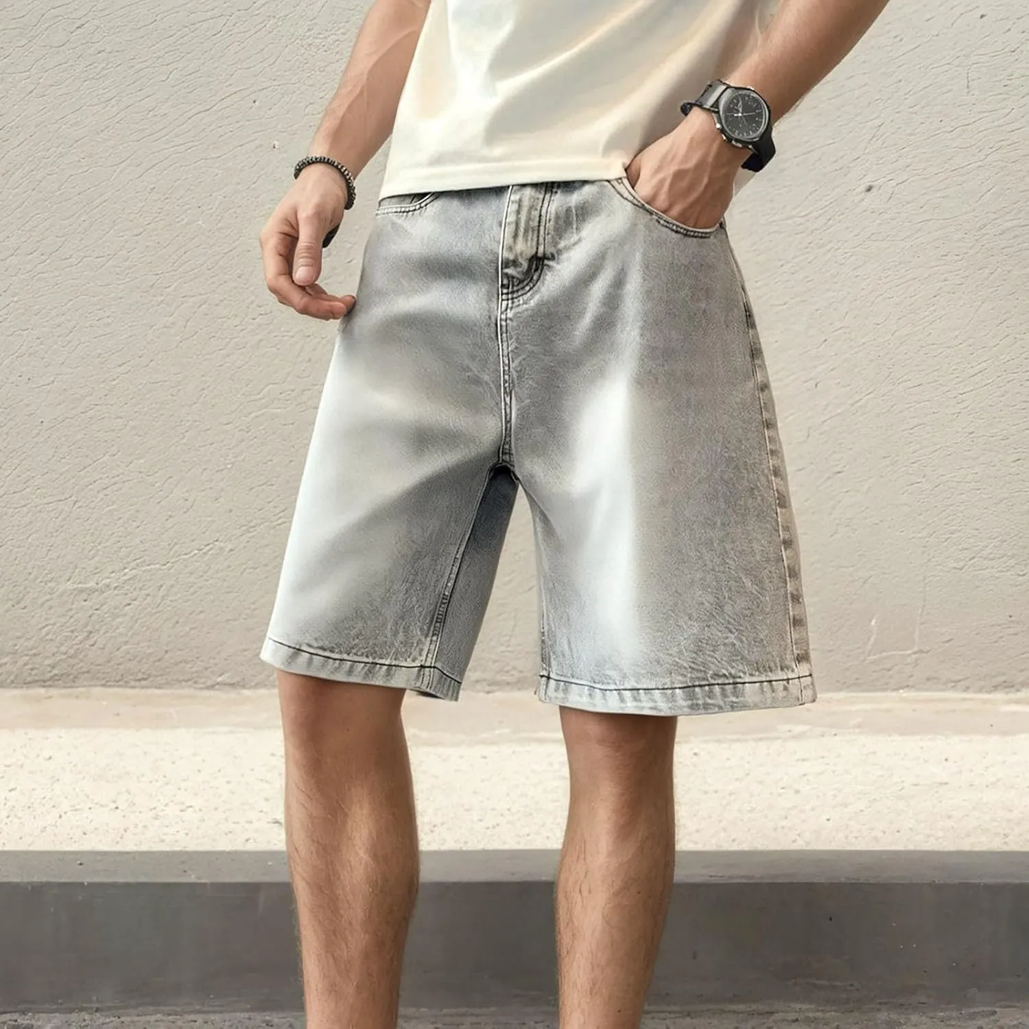 Men Loose Fit Denim Shorts Baggy Casual Summer Wide Leg Mid Jean Jorts Hip Hop Shorts Streetwear with Pockets