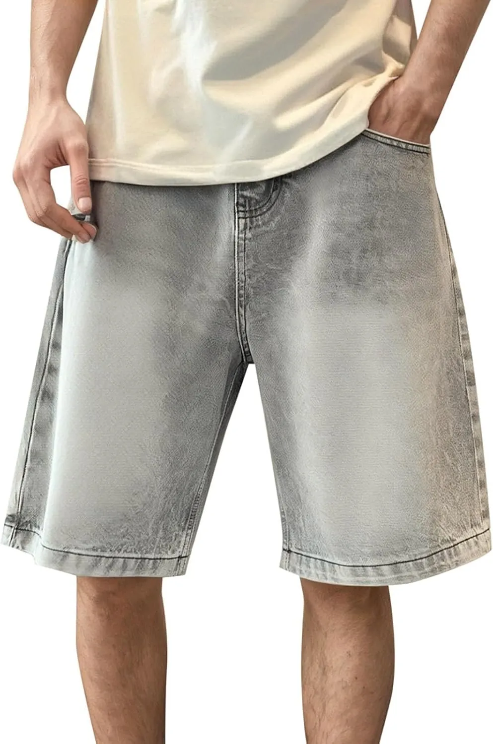 Men Loose Fit Denim Shorts Baggy Casual Summer Wide Leg Mid Jean Jorts Hip Hop Shorts Streetwear with Pockets