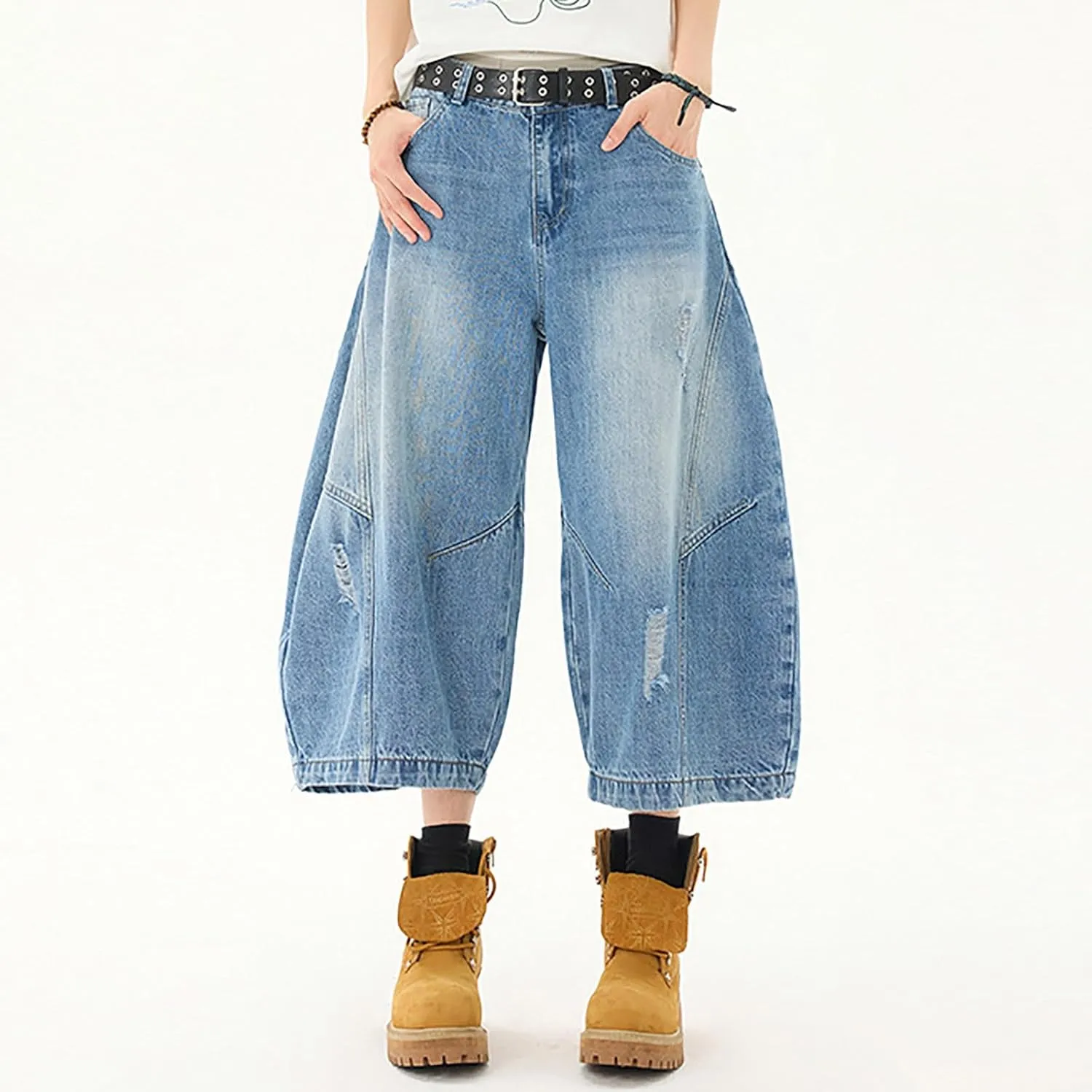 Men Loose Hip Hop Long Jean Shorts Work Denim Shorts with Pockets Skateboard Pants Streetwear Clothes