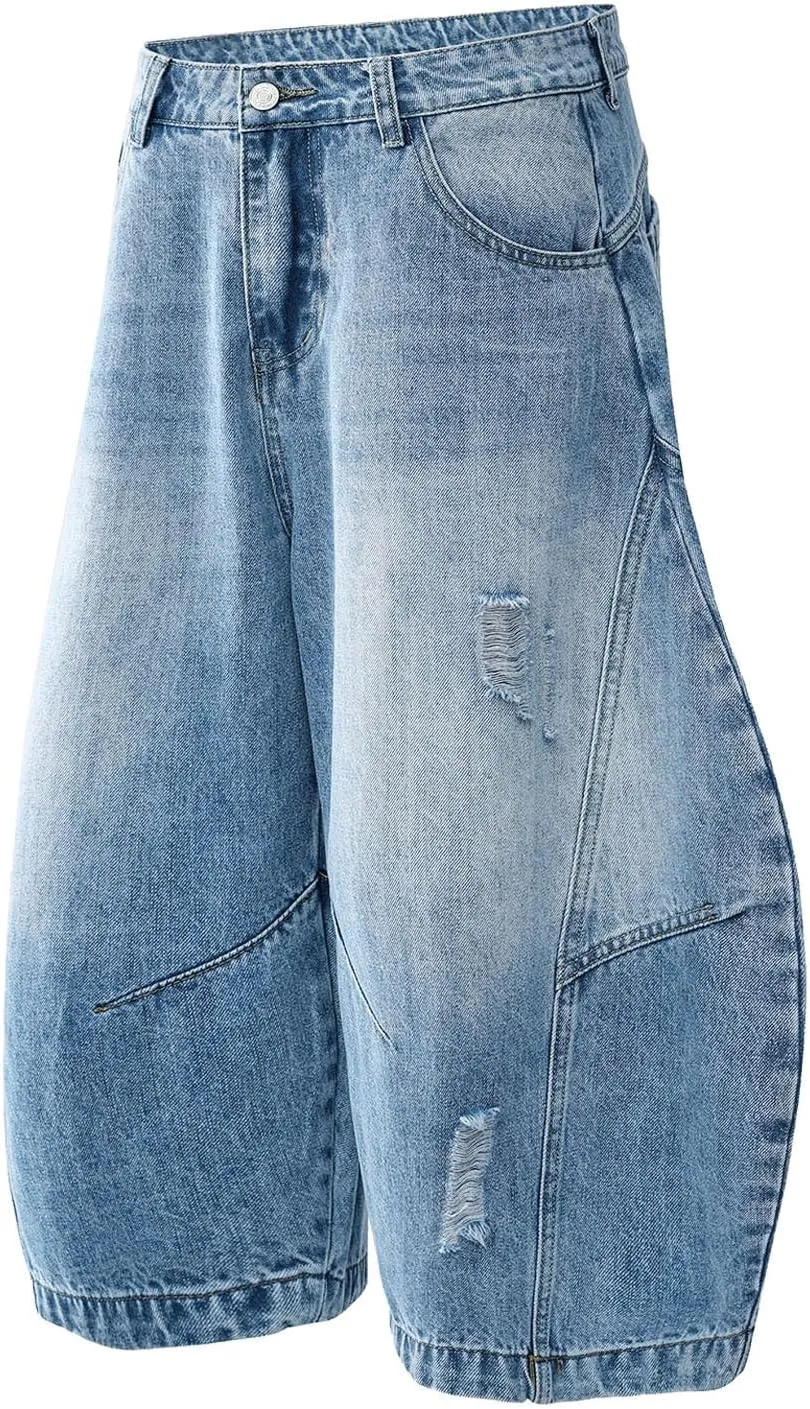 Men Loose Hip Hop Long Jean Shorts Work Denim Shorts with Pockets Skateboard Pants Streetwear Clothes
