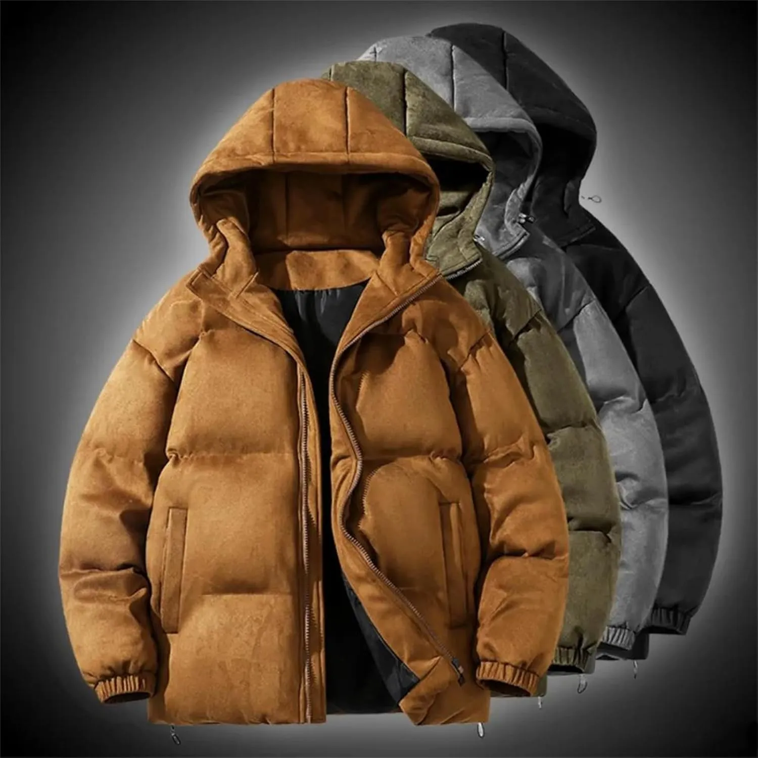 Men Suede Parka Hoodie Jacket Puffer Jacket With Cotton Padded Winter Coats