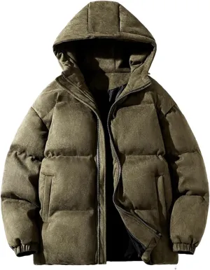 Men Suede Parka Hoodie Jacket Puffer Jacket With Cotton Padded Winter Coats