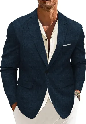 Men Suit Jacket Linen Slim Fit Sport Coat Business Fashion Daily Blazer Dark Blue