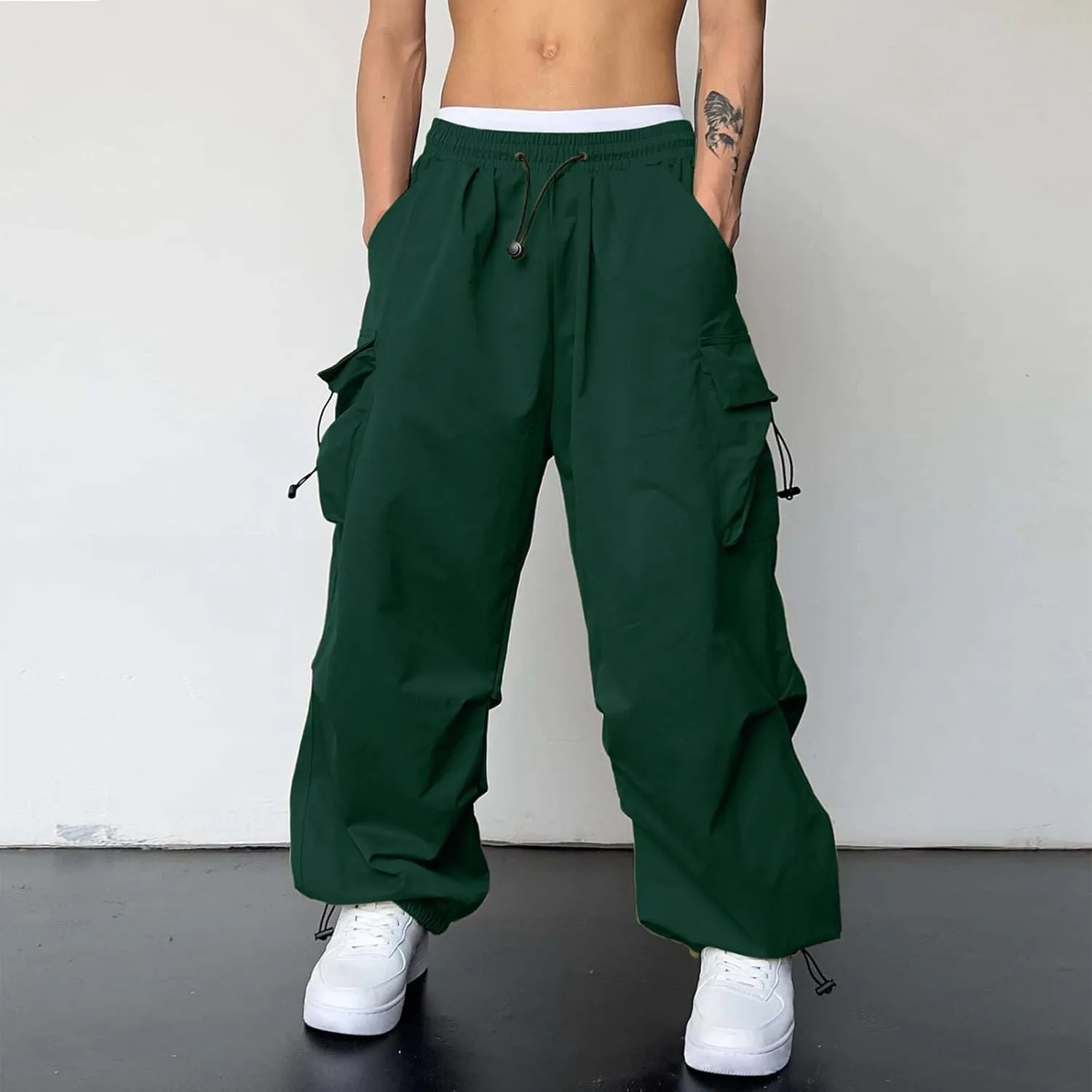 Men's Baggy Cargo Pants Trendy Casual Parachute Pants Cotton Stretch Loose Fit Harem Joggers with Pockets