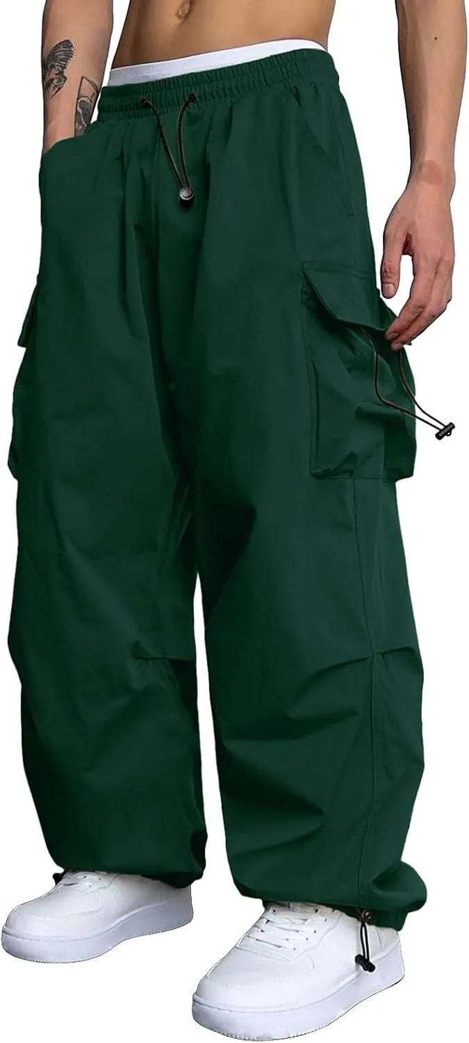 Men's Baggy Cargo Pants Trendy Casual Parachute Pants Cotton Stretch Loose Fit Harem Joggers with Pockets